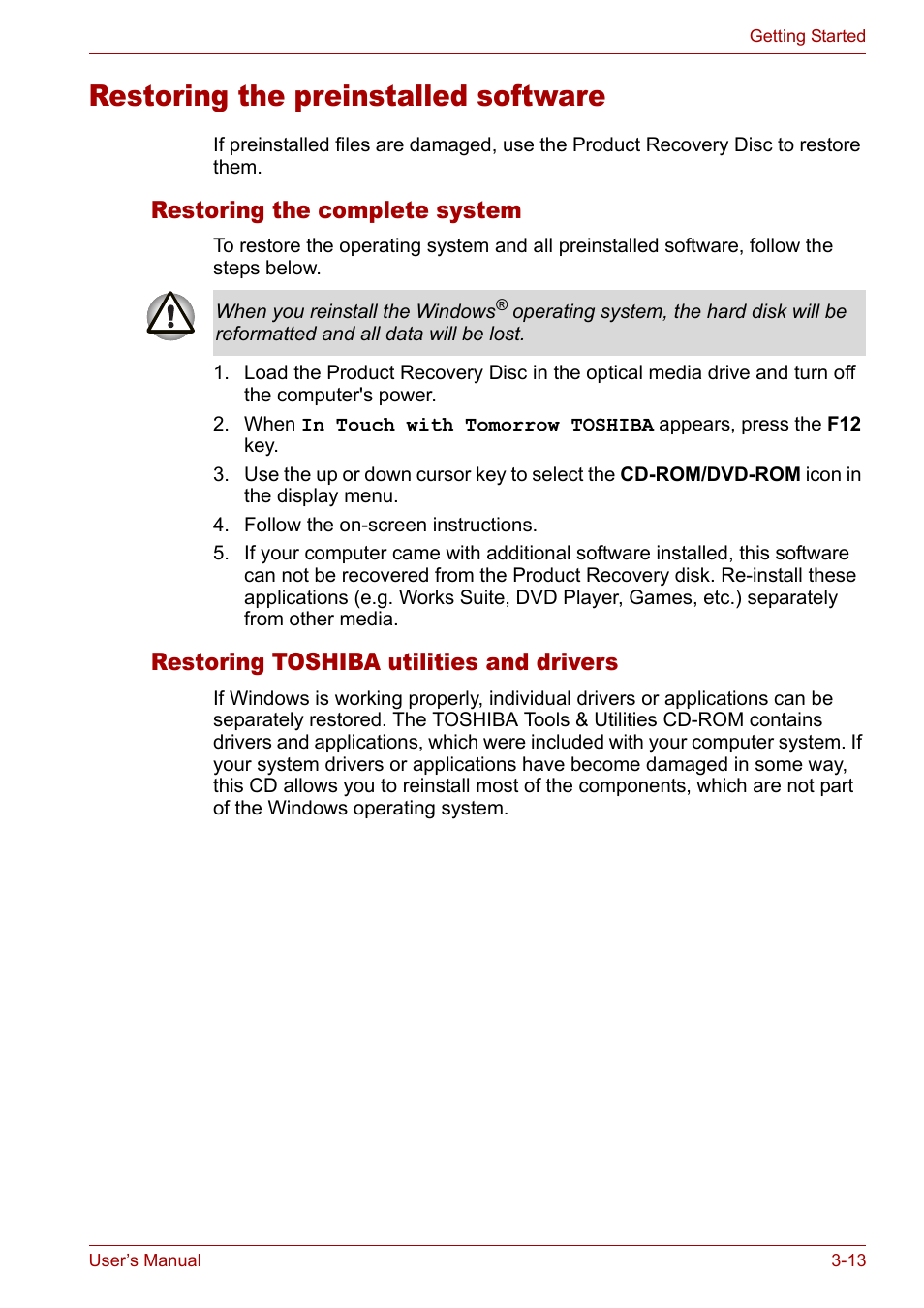 Restoring the preinstalled software, Restoring the complete system, Restoring toshiba utilities and drivers | Restoring the preinstalled software -13 | Toshiba Satellite L10 User Manual | Page 63 / 170