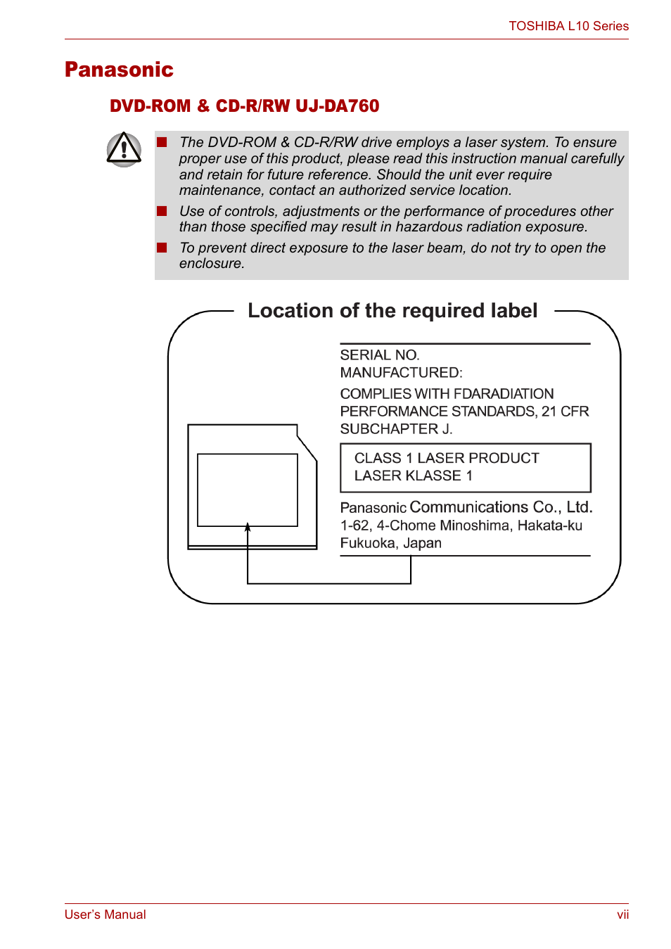 Panasonic, Dvd-rom & cd-r/rw uj-da760 | Toshiba Satellite L10 User Manual | Page 7 / 170
