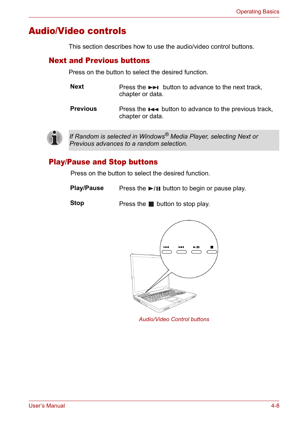 Audio/video controls, Next and previous buttons, Play/pause and stop buttons | Audio/video controls -8 | Toshiba Satellite L10 User Manual | Page 71 / 170