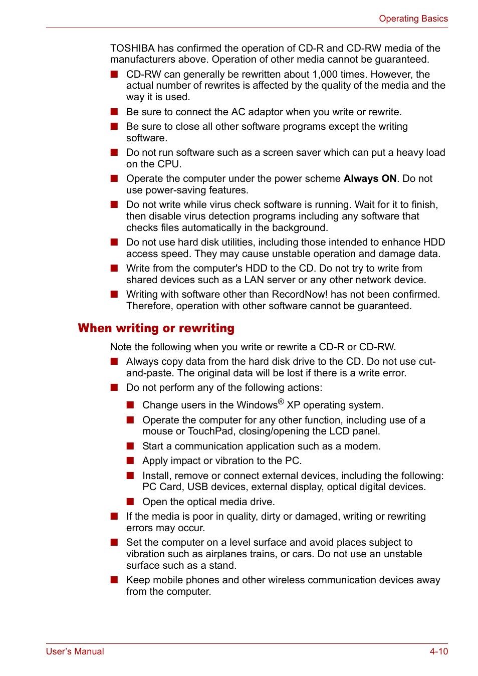 When writing or rewriting, When writing or rewriting -10 | Toshiba Satellite L10 User Manual | Page 73 / 170