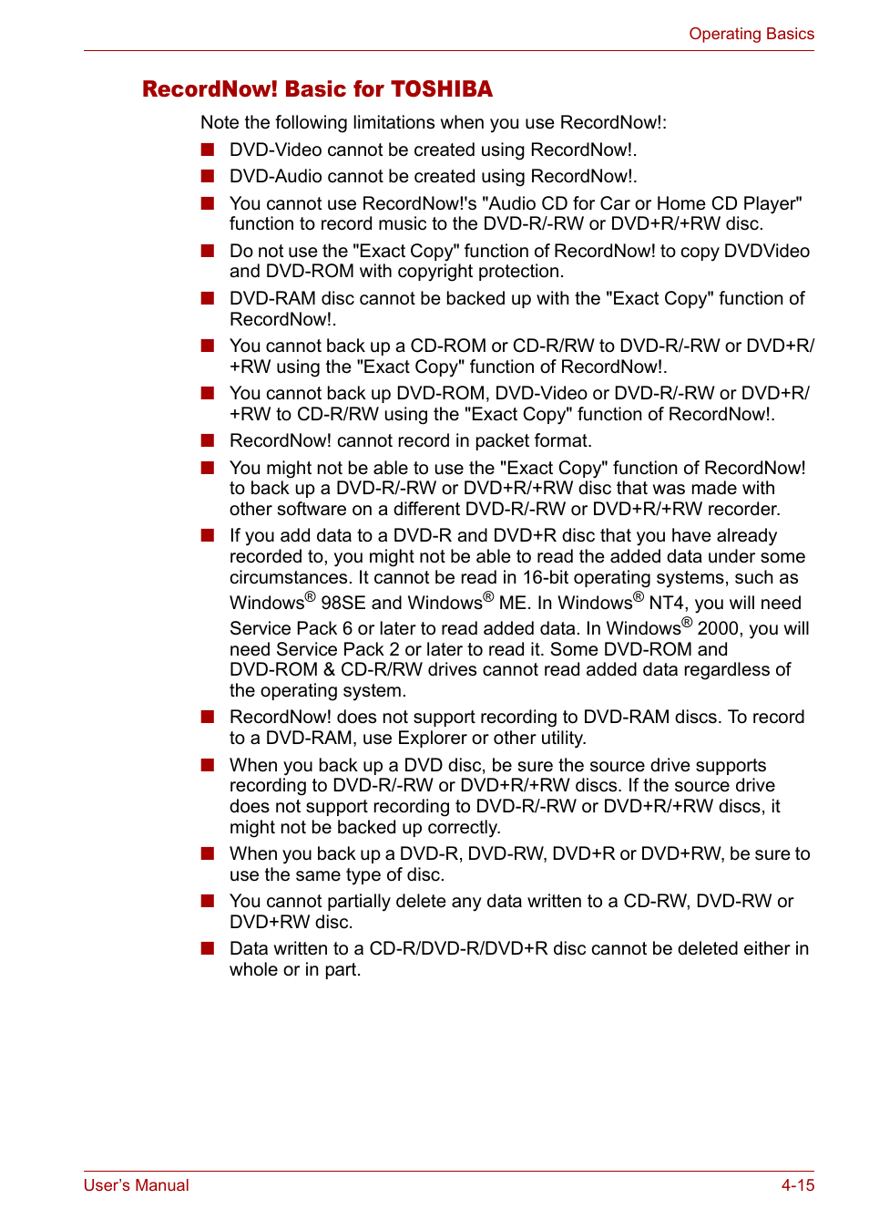 Recordnow! basic for toshiba, Recordnow! basic for toshiba -15 | Toshiba Satellite L10 User Manual | Page 78 / 170