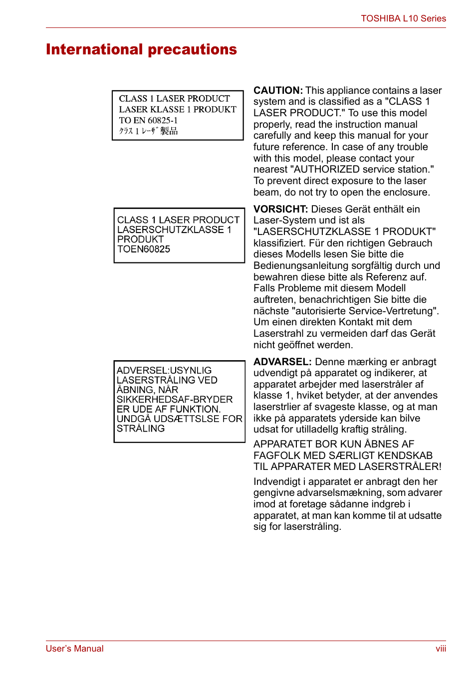 International precautions | Toshiba Satellite L10 User Manual | Page 8 / 170