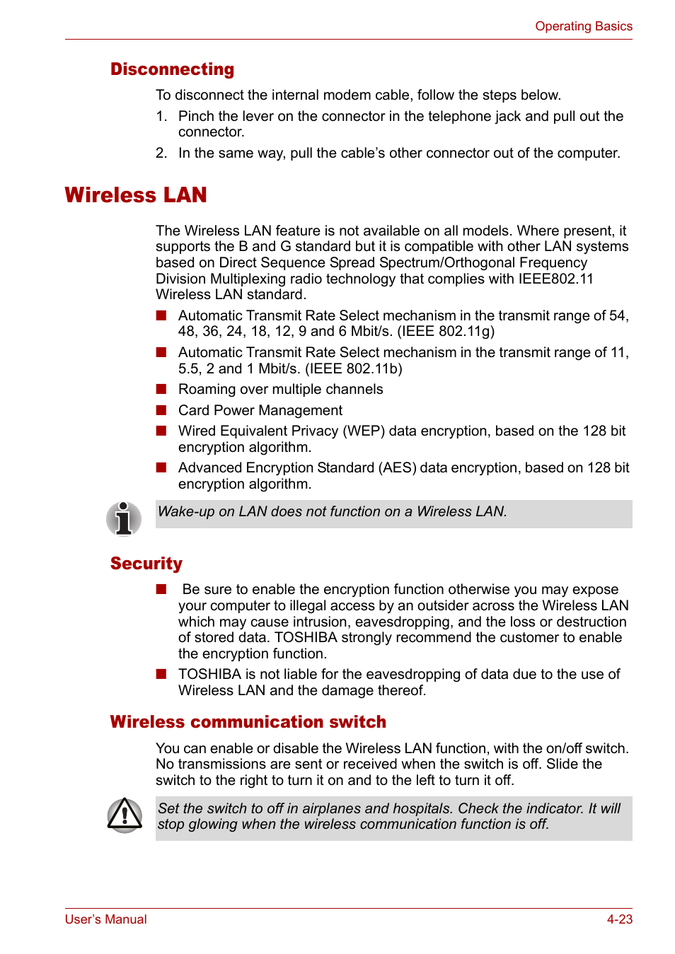 Disconnecting, Wireless lan, Security | Wireless communication switch, Disconnecting -23, Wireless lan -23, Security -23 wireless communication switch -23 | Toshiba Satellite L10 User Manual | Page 86 / 170