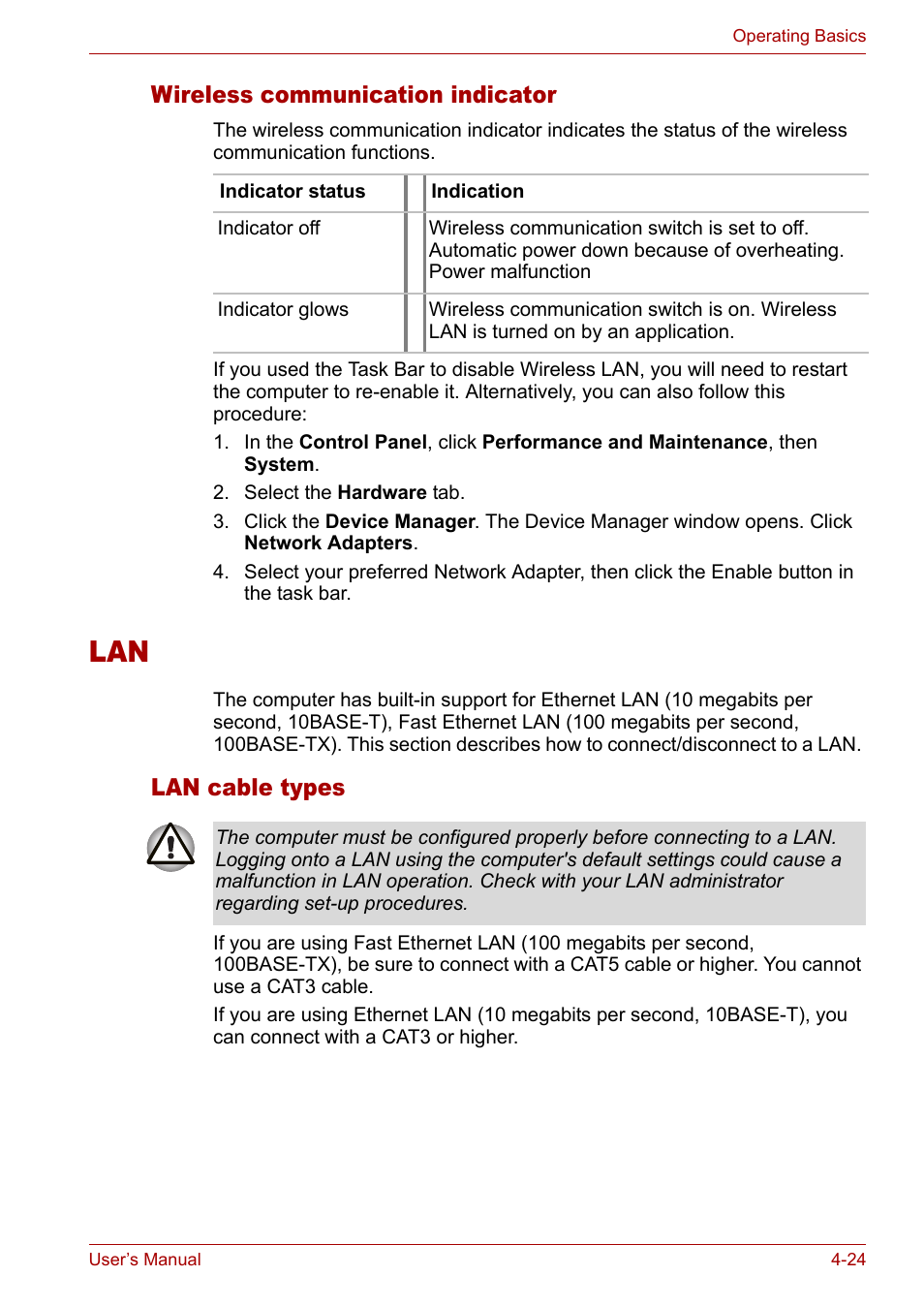 Wireless communication indicator, Lan cable types, Wireless communication indicator -24 | Lan -24, Lan cable types -24 | Toshiba Satellite L10 User Manual | Page 87 / 170