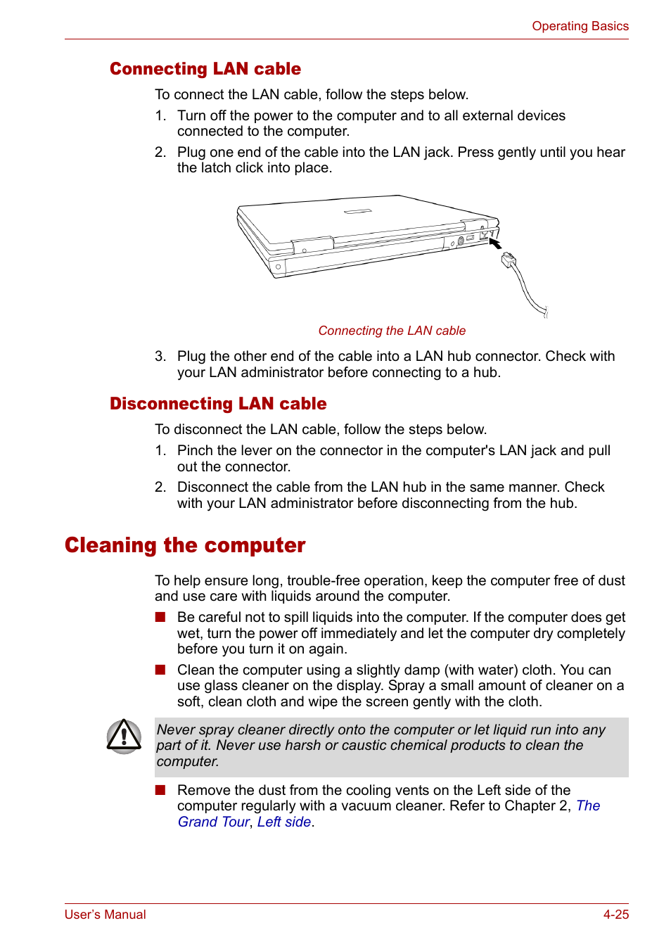 Connecting lan cable, Disconnecting lan cable, Cleaning the computer | Cleaning the computer -25 | Toshiba Satellite L10 User Manual | Page 88 / 170
