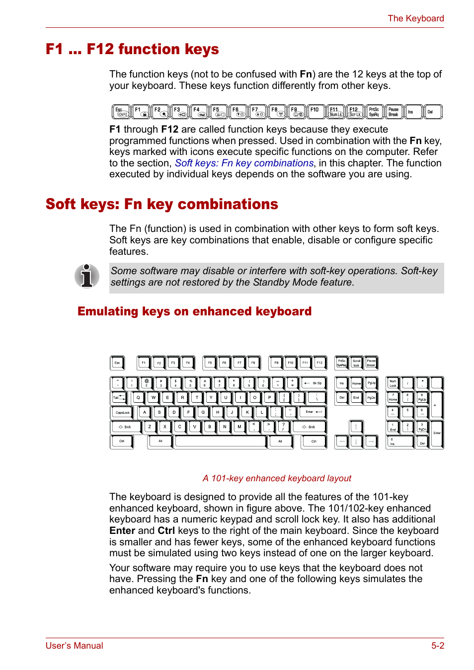Soft keys: fn key combinations, Emulating keys on enhanced keyboard, F1 ... f12 function keys | Emulating keys on enhanced keyboard -2 | Toshiba Satellite L10 User Manual | Page 91 / 170