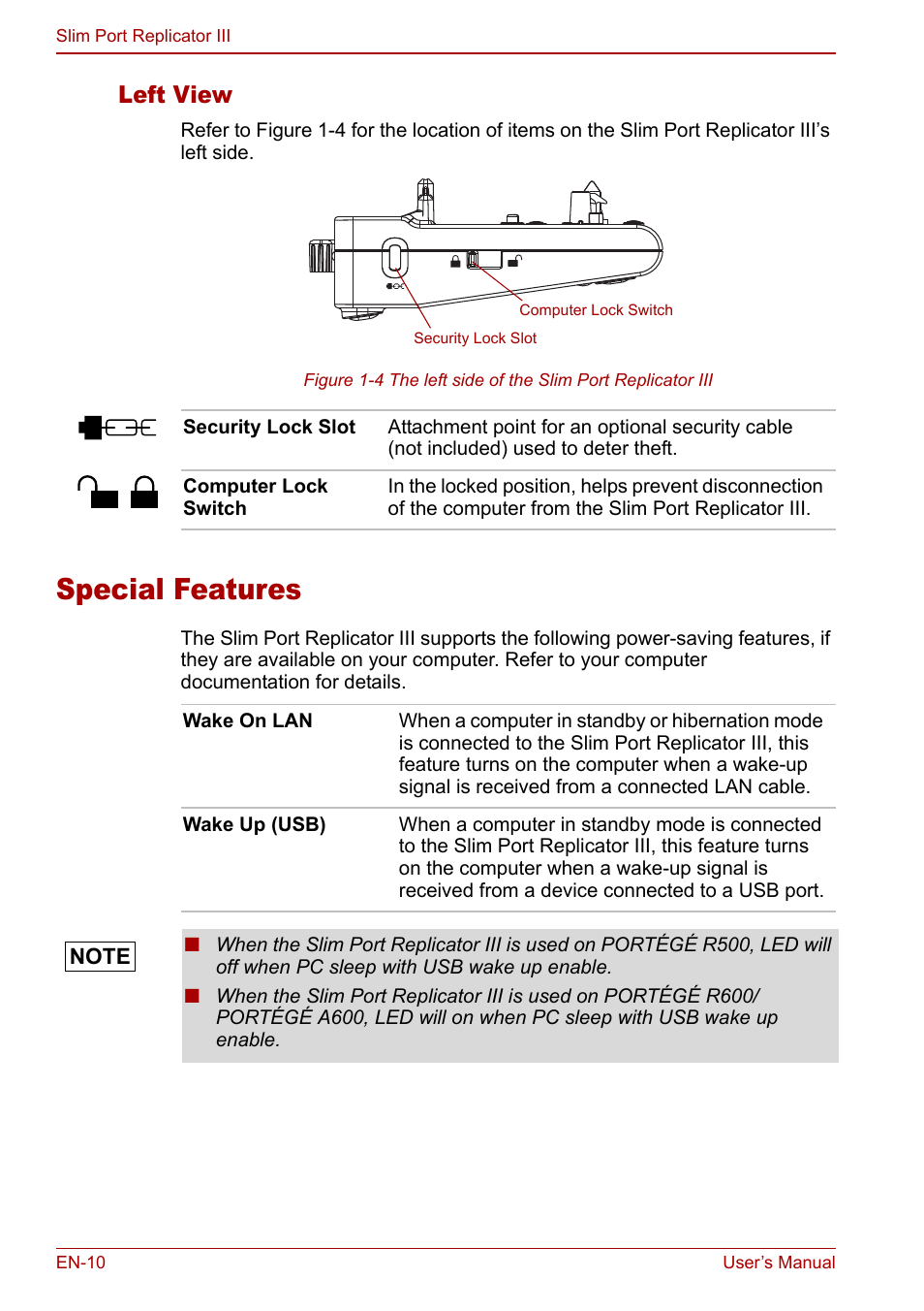 Special features, Left view | Toshiba Slim Port Replicator III User Manual | Page 10 / 31