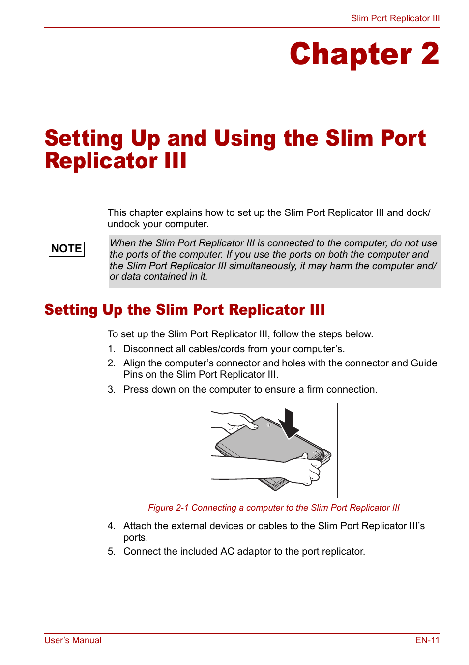 Setting up the slim port replicator iii, Chapter 2, Setting up and using the slim port replicator iii | Toshiba Slim Port Replicator III User Manual | Page 11 / 31