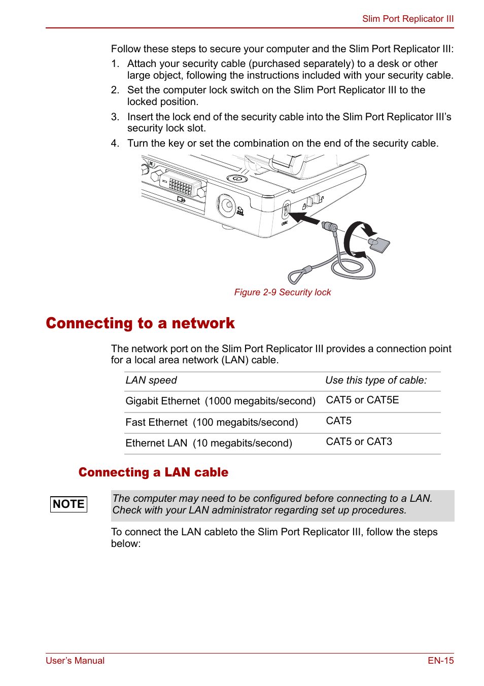 Connecting to a network, Connecting a lan cable | Toshiba Slim Port Replicator III User Manual | Page 15 / 31