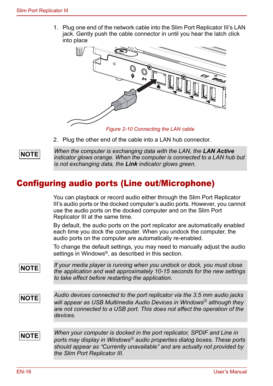 Configuring audio ports (line out/microphone) | Toshiba Slim Port Replicator III User Manual | Page 16 / 31