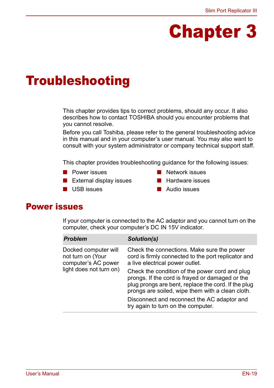 Chapter 3 - troubleshooting, Power issues, Chapter 3 | Troubleshooting | Toshiba Slim Port Replicator III User Manual | Page 19 / 31