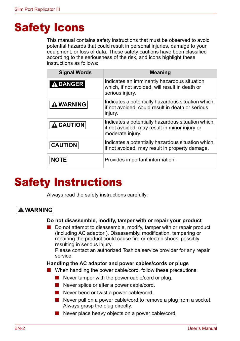 User’s manual, Safety icons, Safety instructions | Toshiba Slim Port Replicator III User Manual | Page 2 / 31