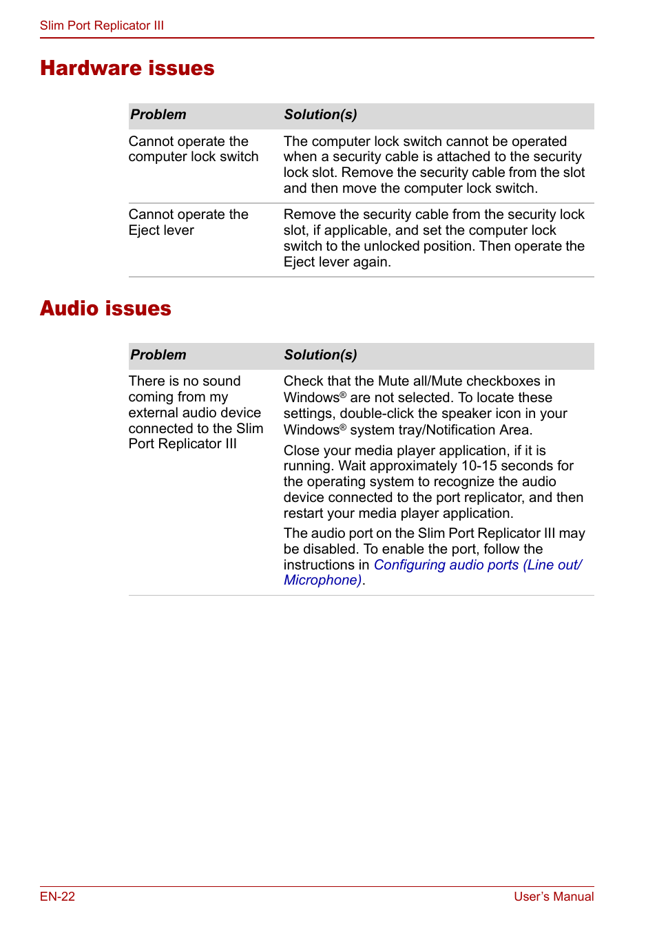 Hardware issues, Audio issues, Hardware issues audio issues | Toshiba Slim Port Replicator III User Manual | Page 22 / 31