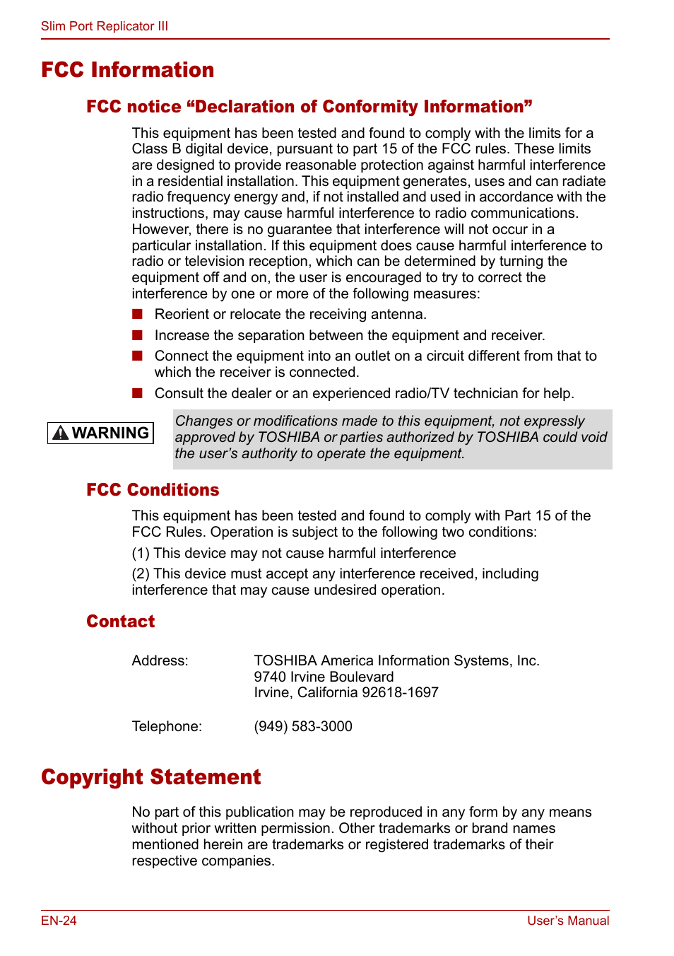 Fcc information, Copyright statement, Fcc information copyright statement | Toshiba Slim Port Replicator III User Manual | Page 24 / 31