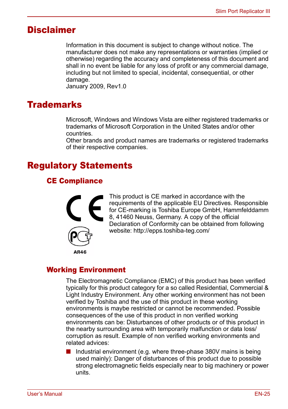 Disclaimer, Trademarks, Regulatory statements | Disclaimer trademarks regulatory statements | Toshiba Slim Port Replicator III User Manual | Page 25 / 31