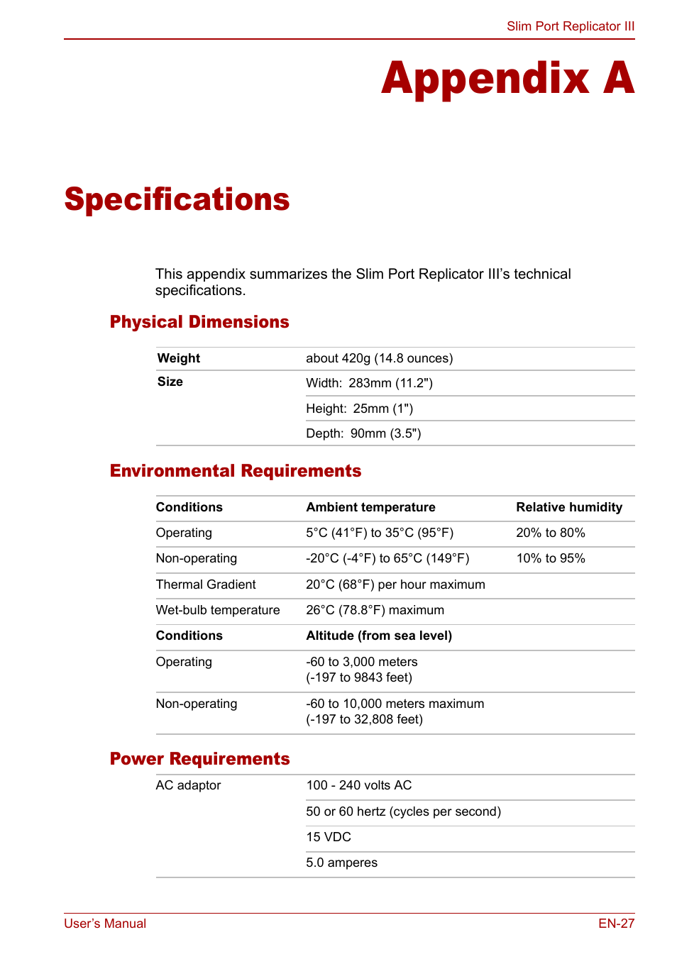 Appendix a - specifications, Appendix a, Specifications | Toshiba Slim Port Replicator III User Manual | Page 27 / 31