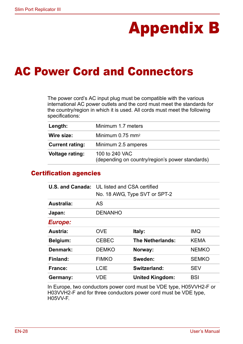 Appendix b - ac power cord and connectors, Appendix b, Ac power cord and connectors | Toshiba Slim Port Replicator III User Manual | Page 28 / 31