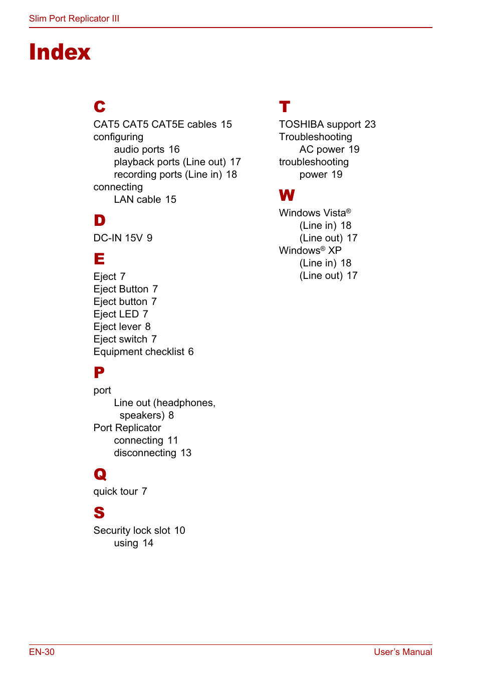 Index | Toshiba Slim Port Replicator III User Manual | Page 30 / 31