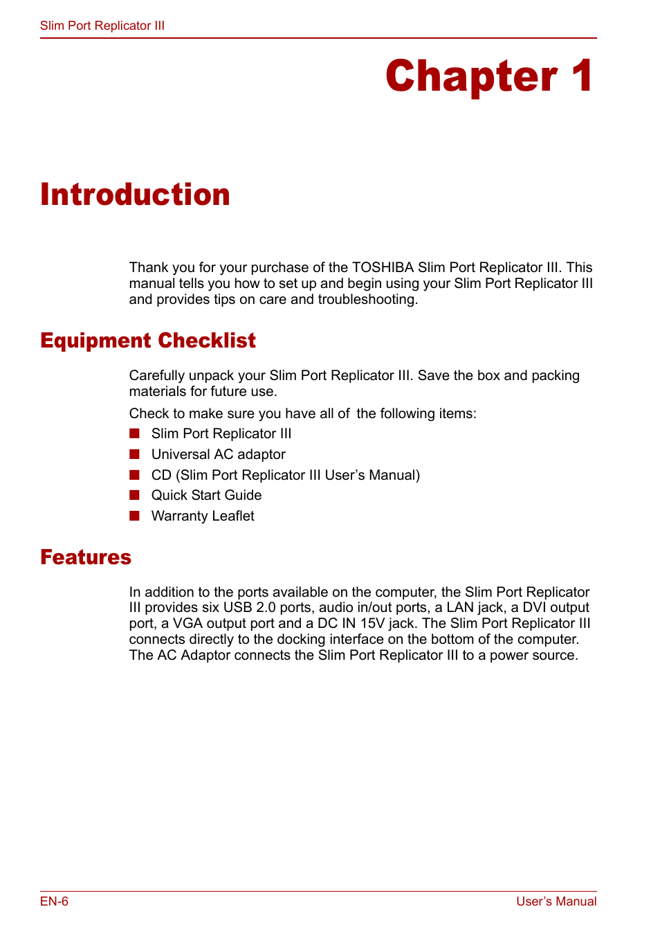 Chapter 1 - introduction, Equipment checklist, Features | Chapter 1, Introduction, Equipment checklist features | Toshiba Slim Port Replicator III User Manual | Page 6 / 31