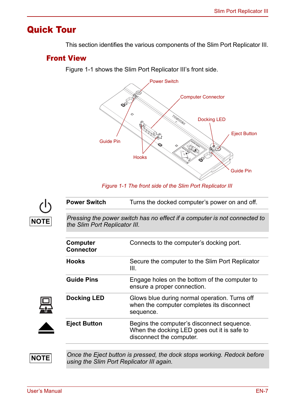 Quick tour, Front view | Toshiba Slim Port Replicator III User Manual | Page 7 / 31