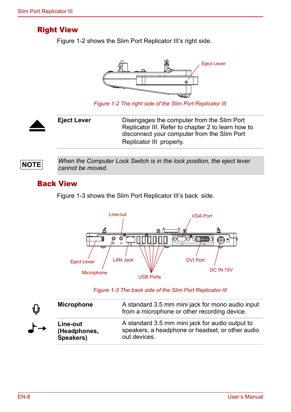 Right view, Back view | Toshiba Slim Port Replicator III User Manual | Page 8 / 31