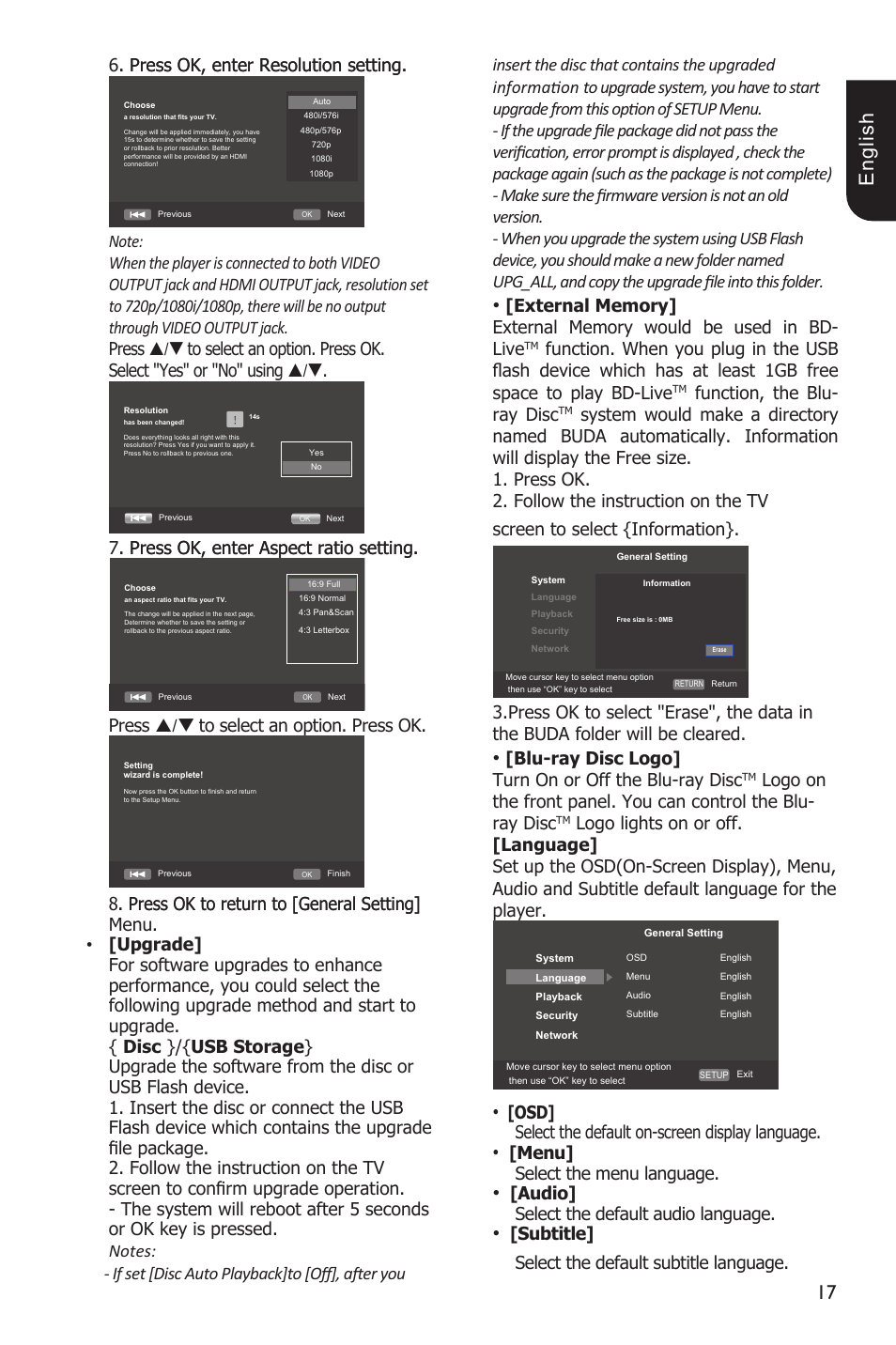 1 e ng lis h, Press./ to.select.an.option..press.ok, Function,. the. blu- ray. disc | Blu-ray disc logo] turn.on.or.off.the.blu-ray.disc, Osd] select.the.default.on-screen.display.language, Menu] select.the.menu.language, Audio] select.the.default.audio.language, Subtitle] select.the.default.subtitle.language | Toshiba BDX3200 User Manual | Page 17 / 46