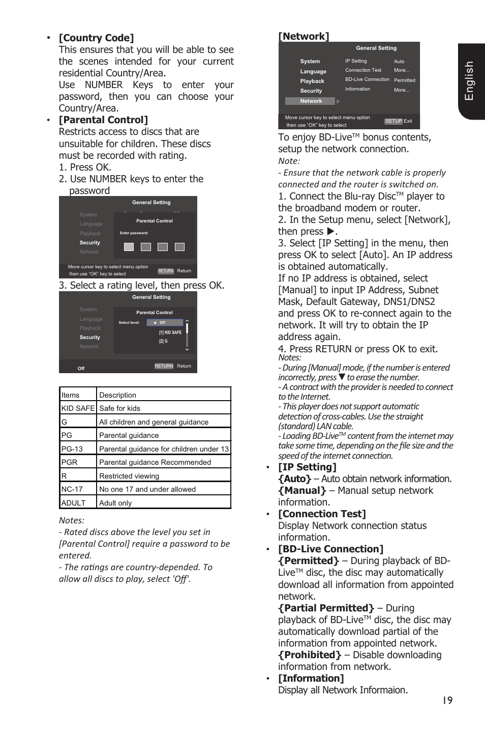 1 e ng lis h, Select.a.rating.level,.then.press.ok, To.enjoy.bd-live | Toshiba BDX3200 User Manual | Page 19 / 46