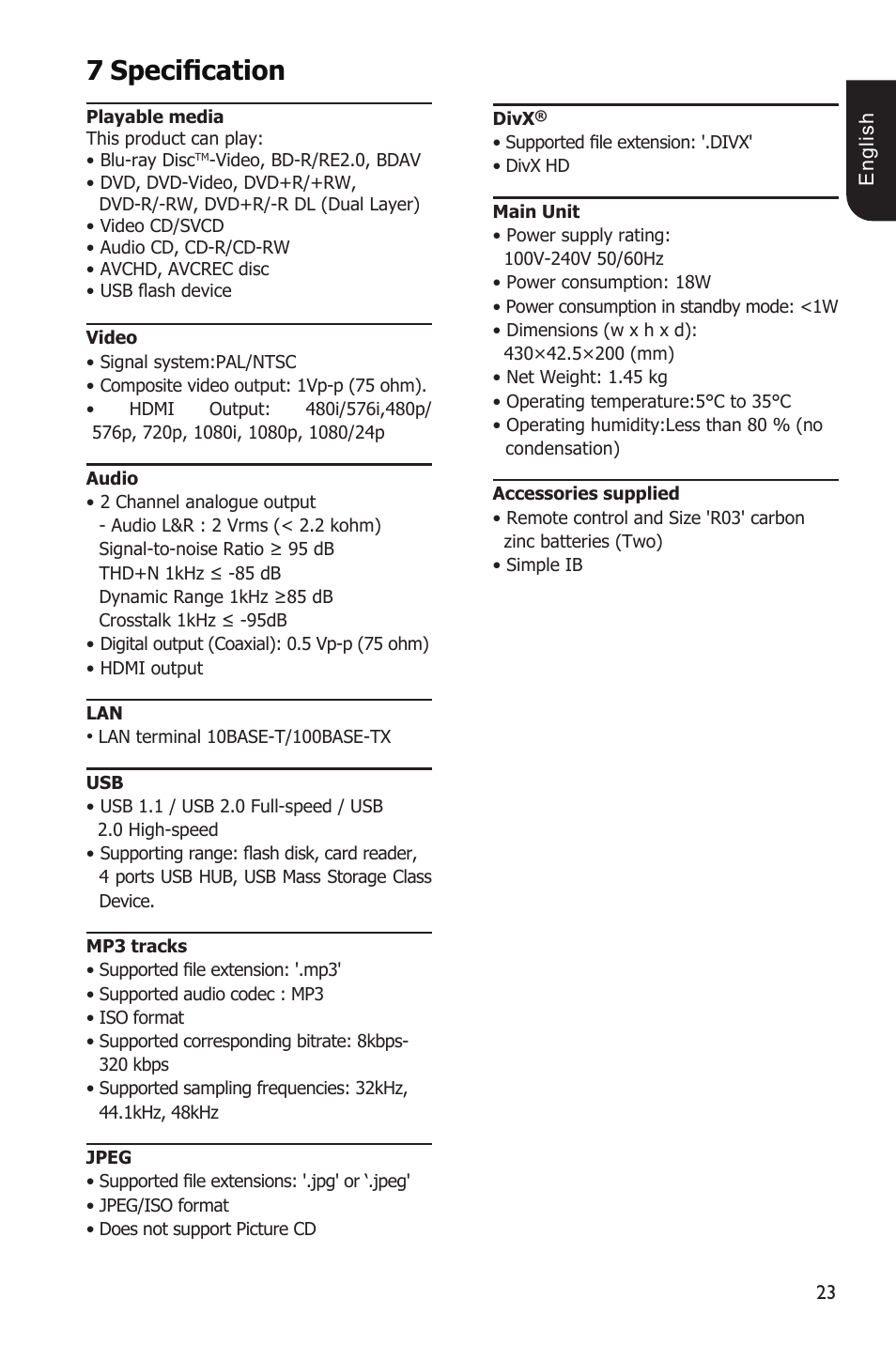 7specification | Toshiba BDX3200 User Manual | Page 23 / 46