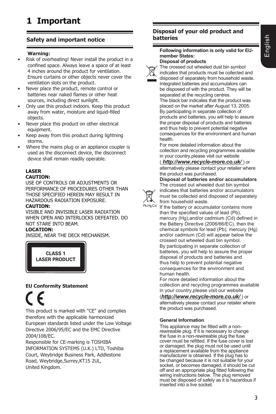 Important, E ng lis h | Toshiba BDX3200 User Manual | Page 3 / 46