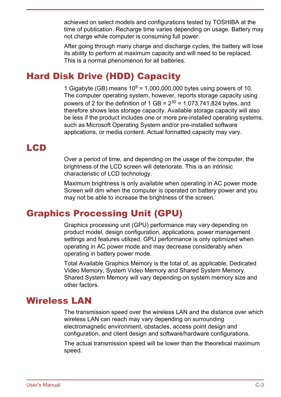 Hard disk drive (hdd) capacity, Graphics processing unit (gpu), Wireless lan | Toshiba Satellite U840 User Manual | Page 103 / 115