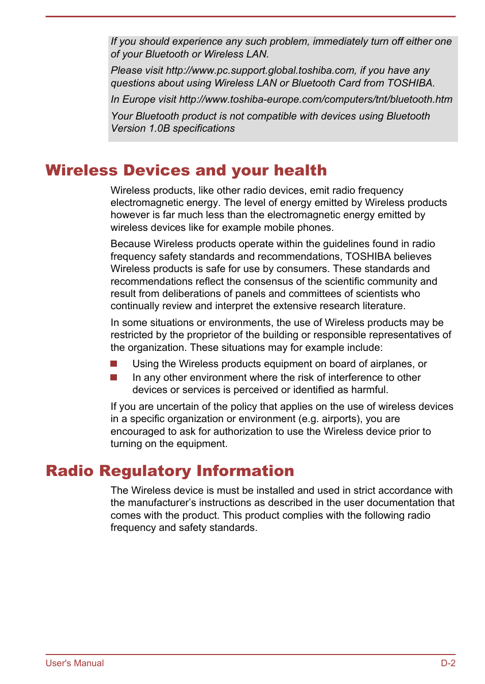 Wireless devices and your health, Radio regulatory information | Toshiba Satellite U840 User Manual | Page 106 / 115