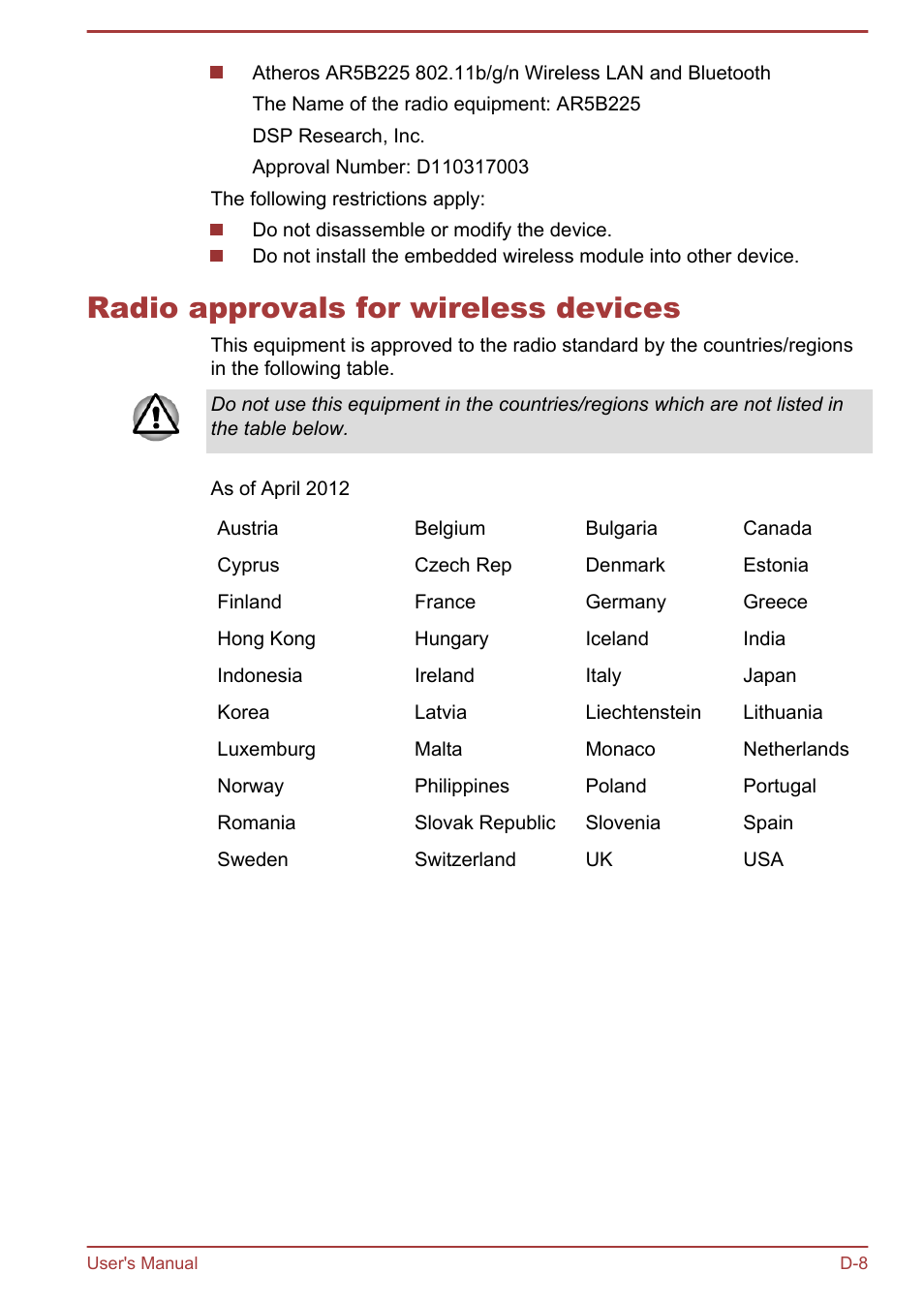 Radio approvals for wireless devices | Toshiba Satellite U840 User Manual | Page 112 / 115