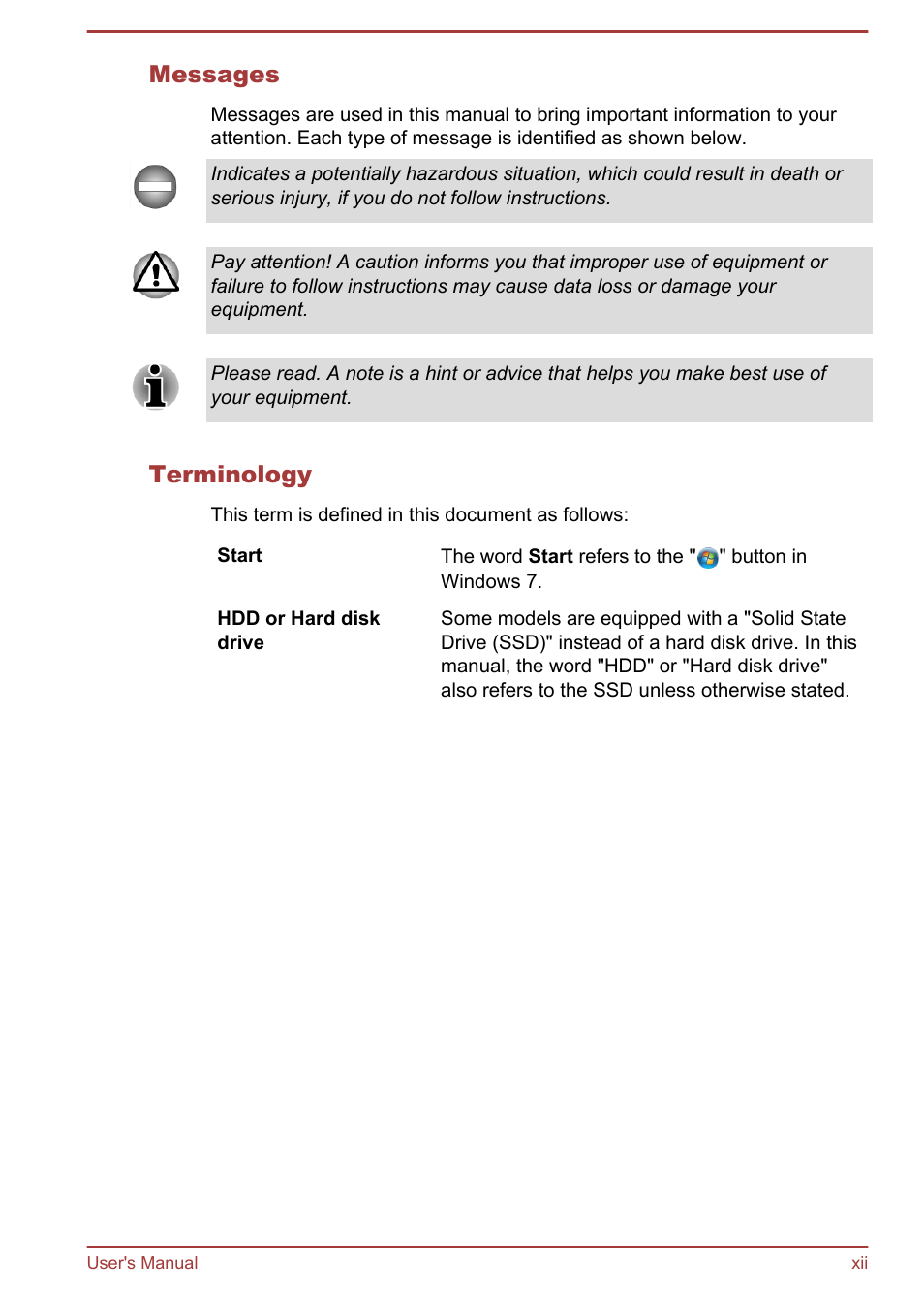 Messages, Terminology | Toshiba Satellite U840 User Manual | Page 12 / 115