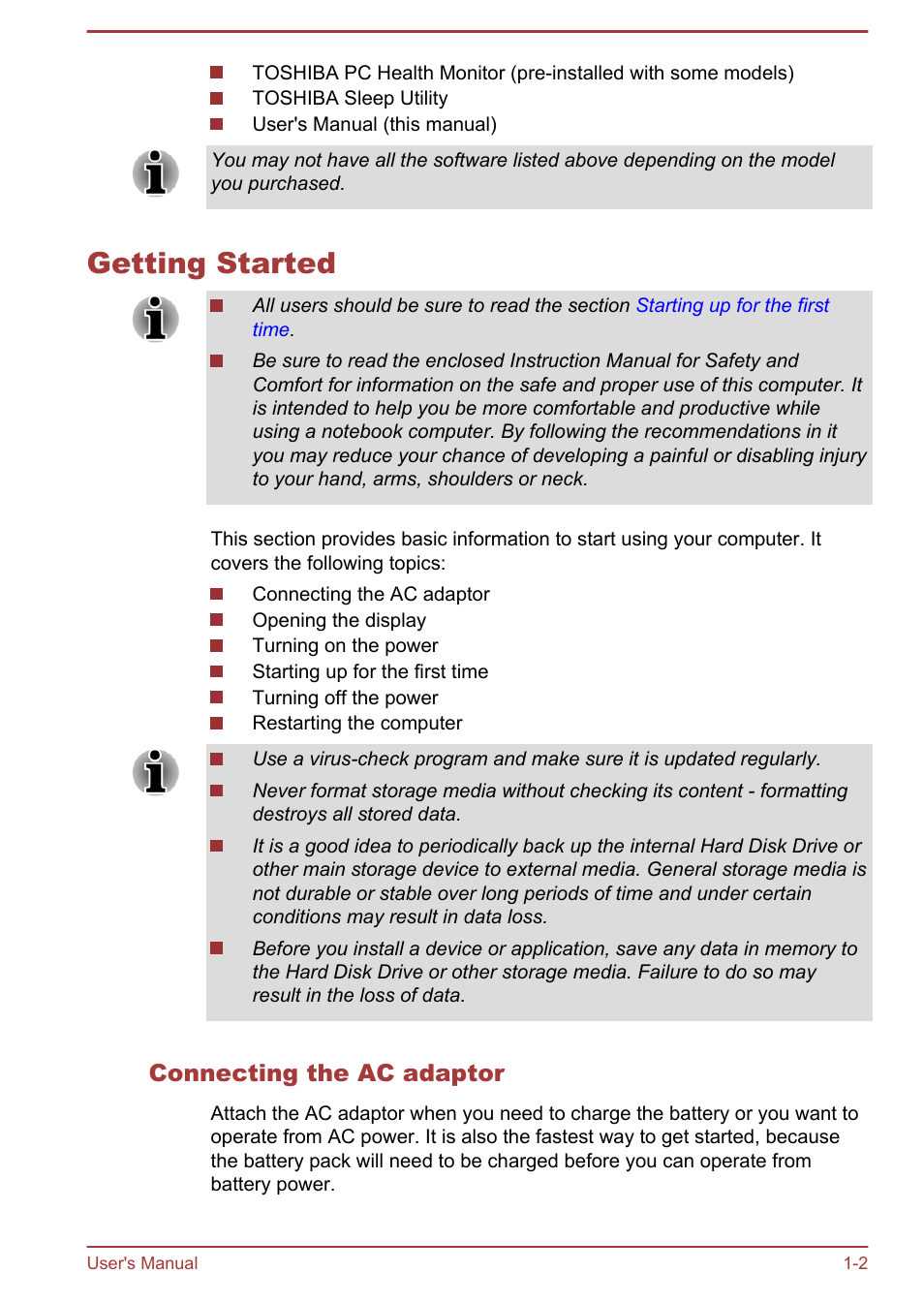 Getting started, Connecting the ac adaptor, Getting started -2 | Toshiba Satellite U840 User Manual | Page 16 / 115