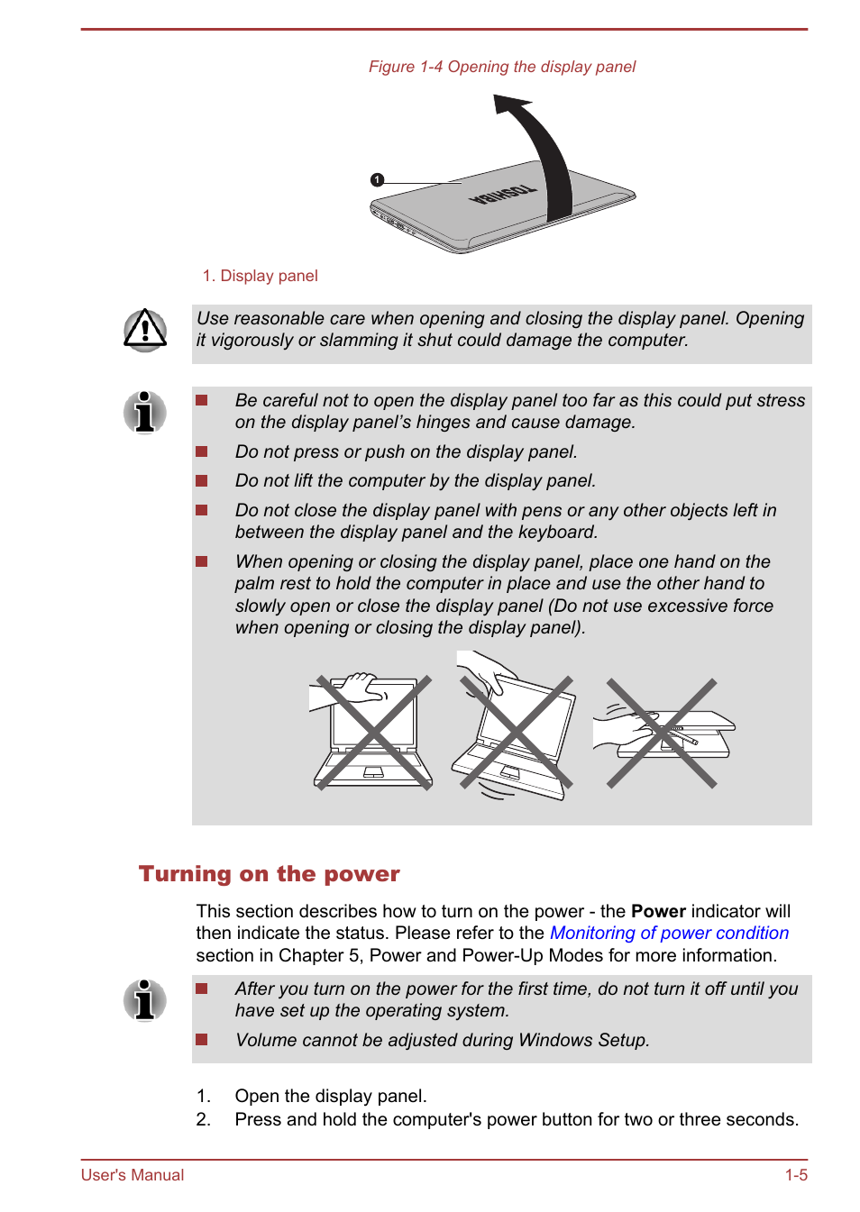 Turning on the power | Toshiba Satellite U840 User Manual | Page 19 / 115