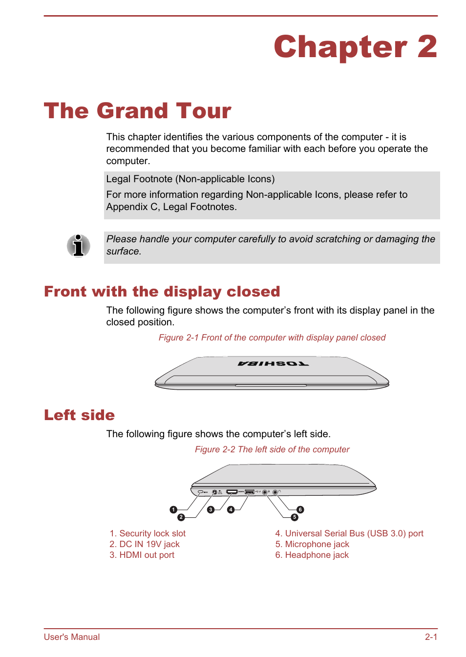 Chapter 2 the grand tour, Front with the display closed, Left side | Chapter 2, The grand tour, Front with the display closed -1 left side -1 | Toshiba Satellite U840 User Manual | Page 25 / 115