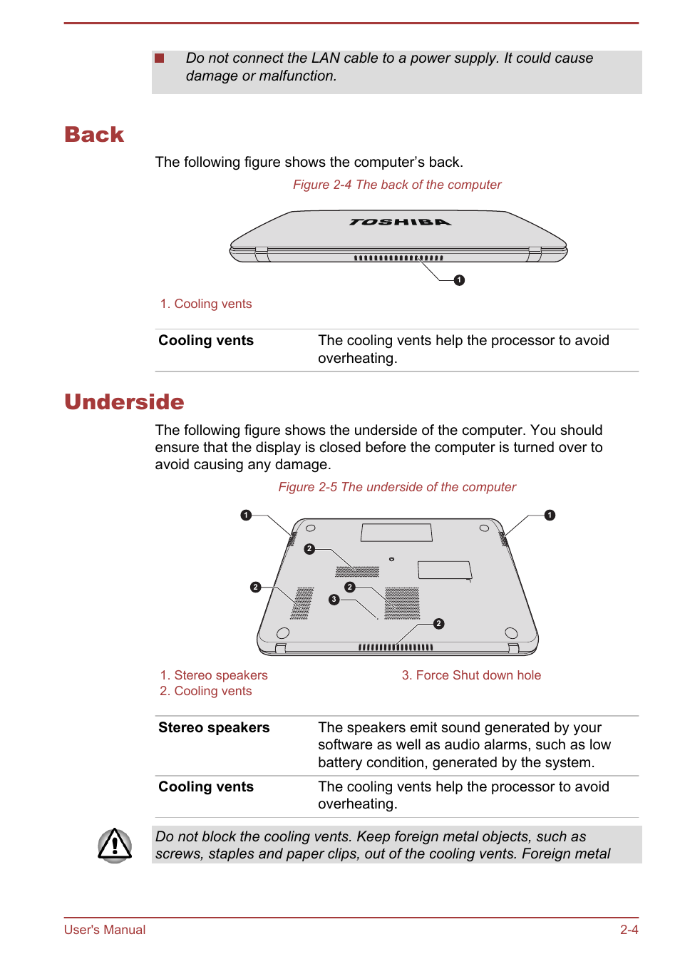 Back, Underside, Back -4 underside -4 | Toshiba Satellite U840 User Manual | Page 28 / 115