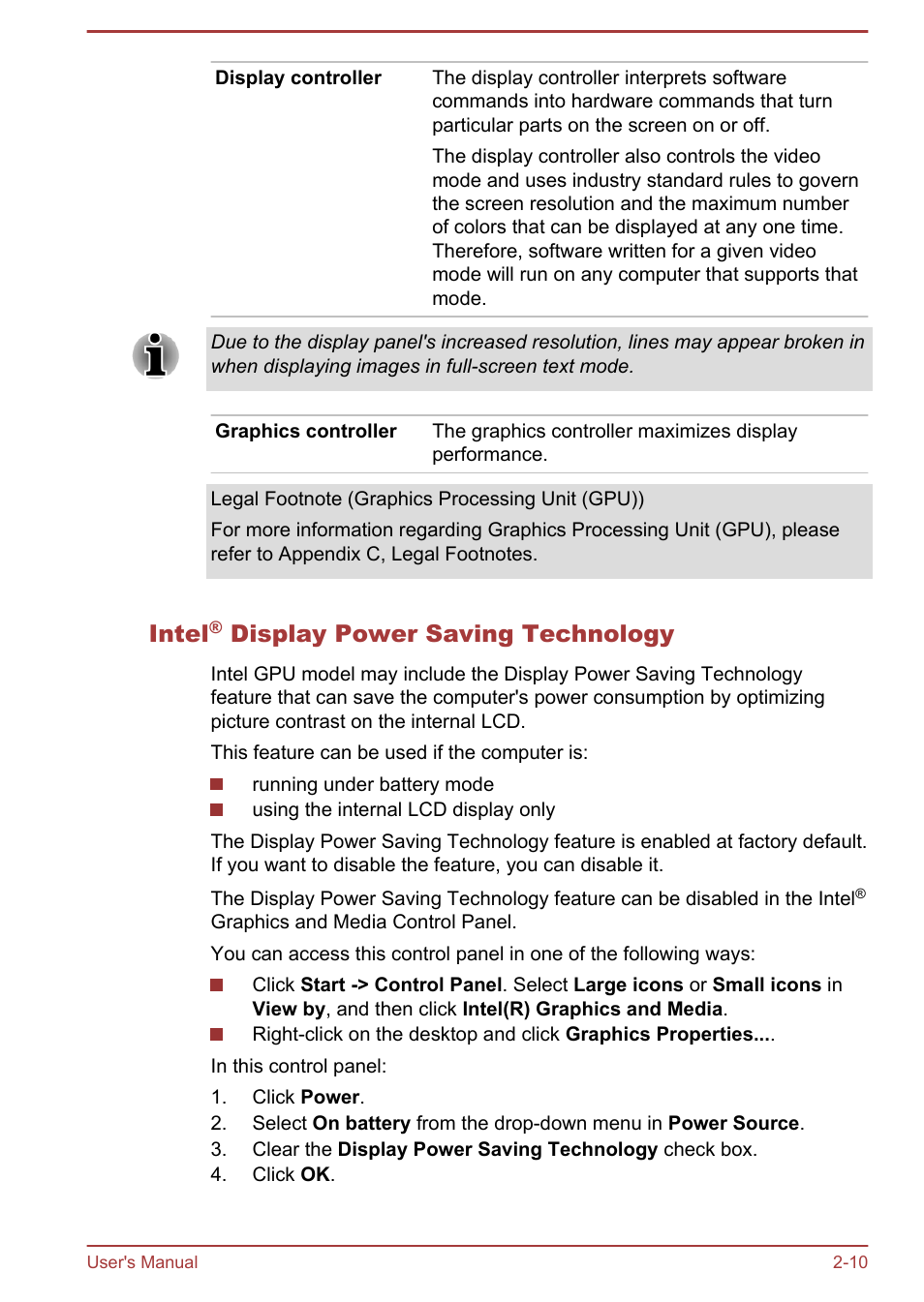 Intel® display power saving technology, Intel, Display power saving technology | Toshiba Satellite U840 User Manual | Page 34 / 115