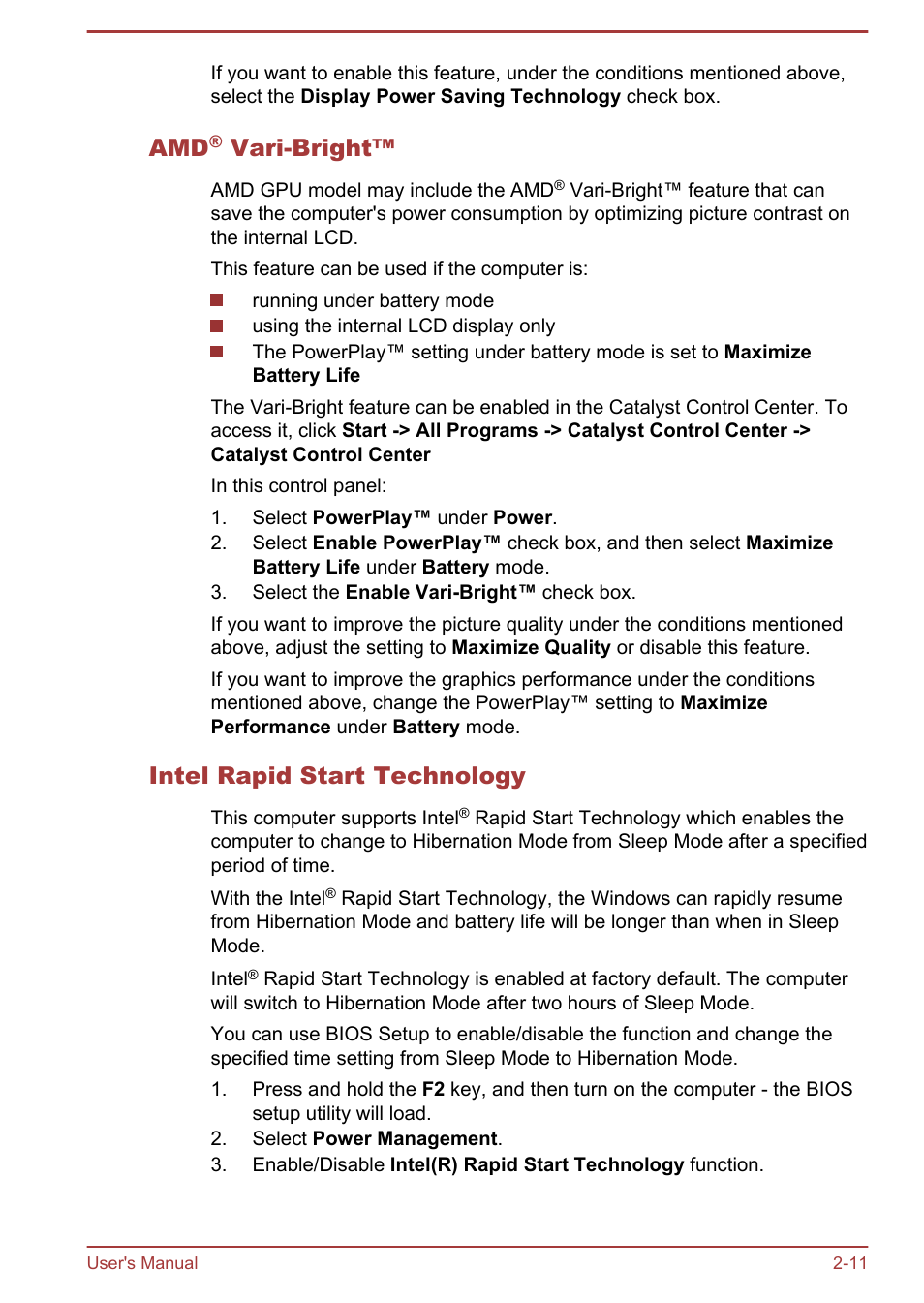 Amd® vari-bright, Intel rapid start technology, Vari-bright | Toshiba Satellite U840 User Manual | Page 35 / 115