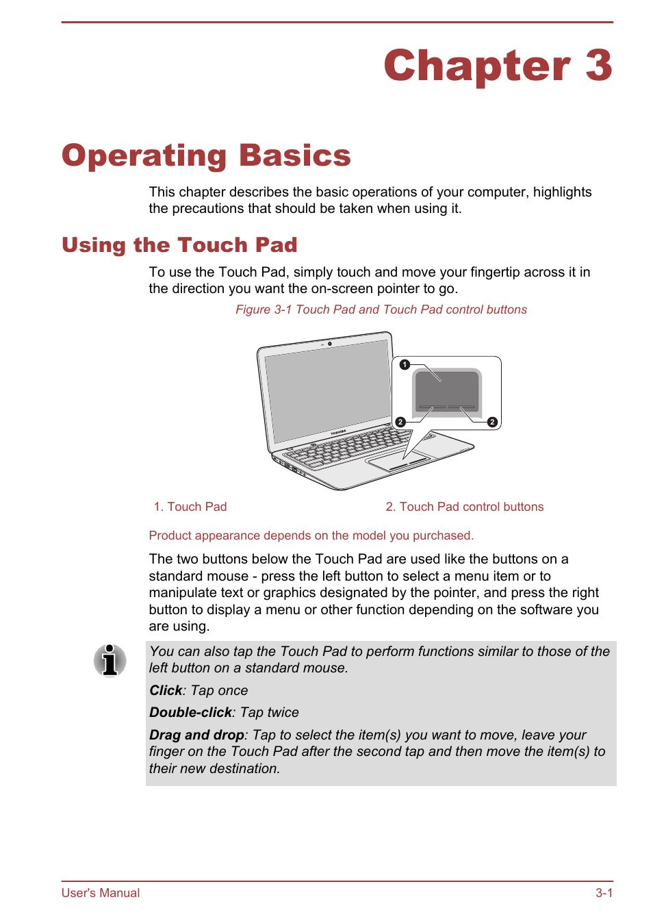 Chapter 3 operating basics, Using the touch pad, Chapter 3 | Operating basics, Using the touch pad -1, Operating, Basics, For details, For more information, please refer to the, Using | Toshiba Satellite U840 User Manual | Page 37 / 115