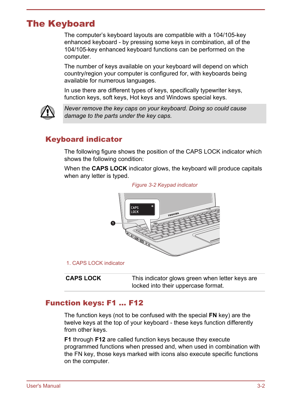 The keyboard, Keyboard indicator, Function keys: f1 … f12 | The keyboard -2 | Toshiba Satellite U840 User Manual | Page 38 / 115