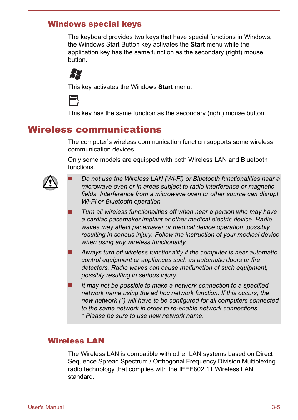 Windows special keys, Wireless communications, Wireless lan | Wireless communications -5 | Toshiba Satellite U840 User Manual | Page 41 / 115