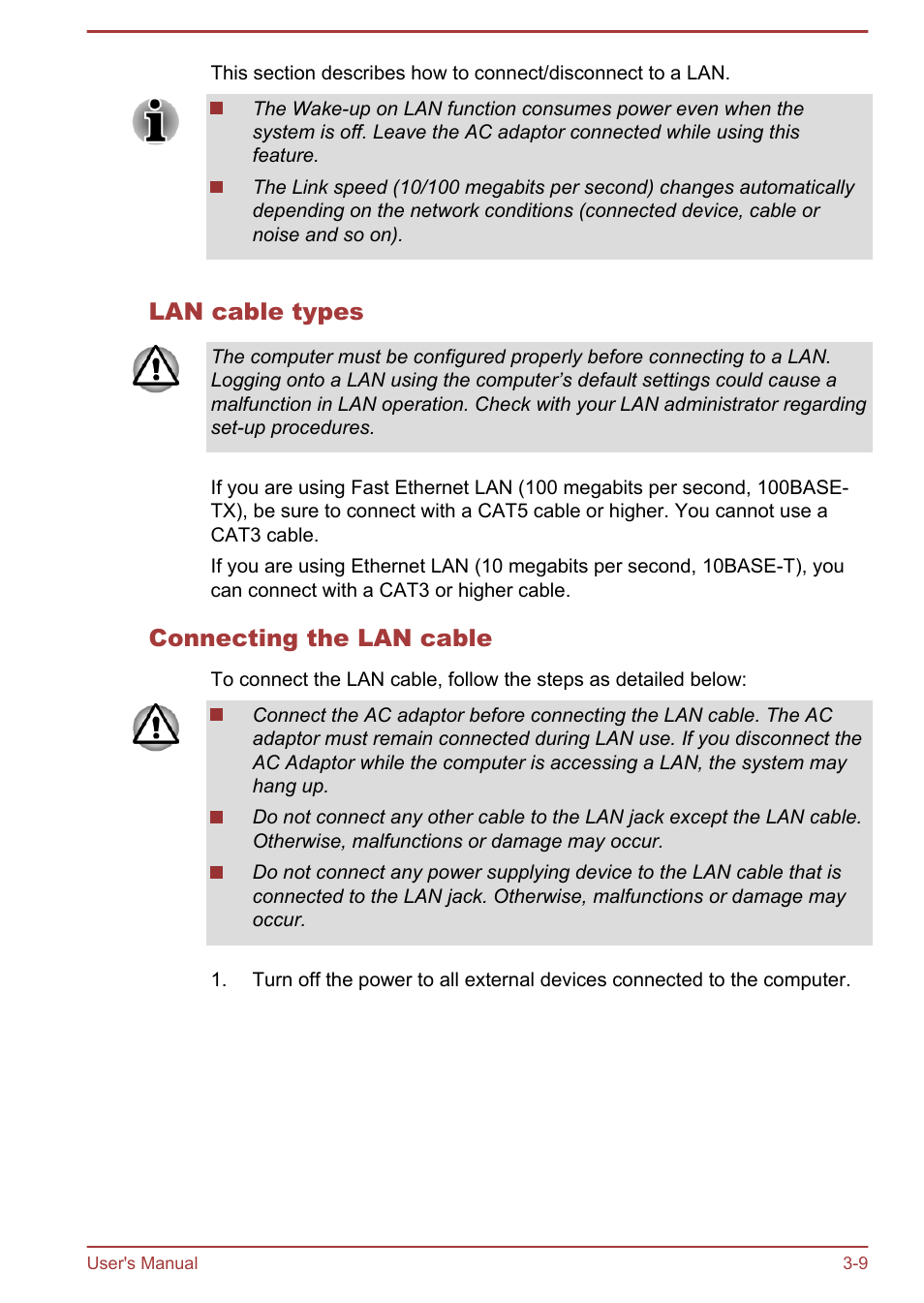 Lan cable types, Connecting the lan cable | Toshiba Satellite U840 User Manual | Page 45 / 115