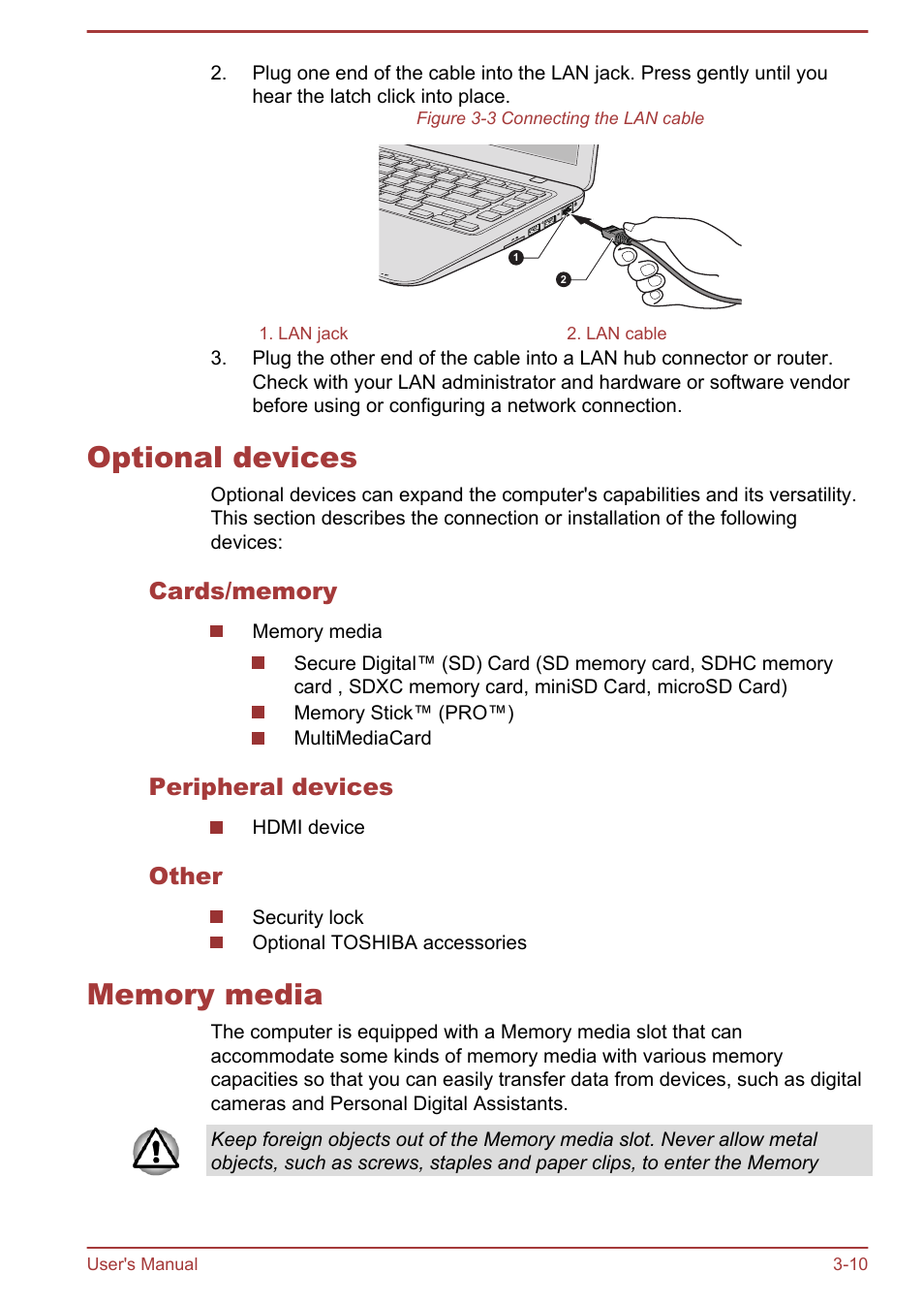 Optional devices, Cards/memory, Peripheral devices | Other, Memory media, Optional devices -10 memory media -10 | Toshiba Satellite U840 User Manual | Page 46 / 115