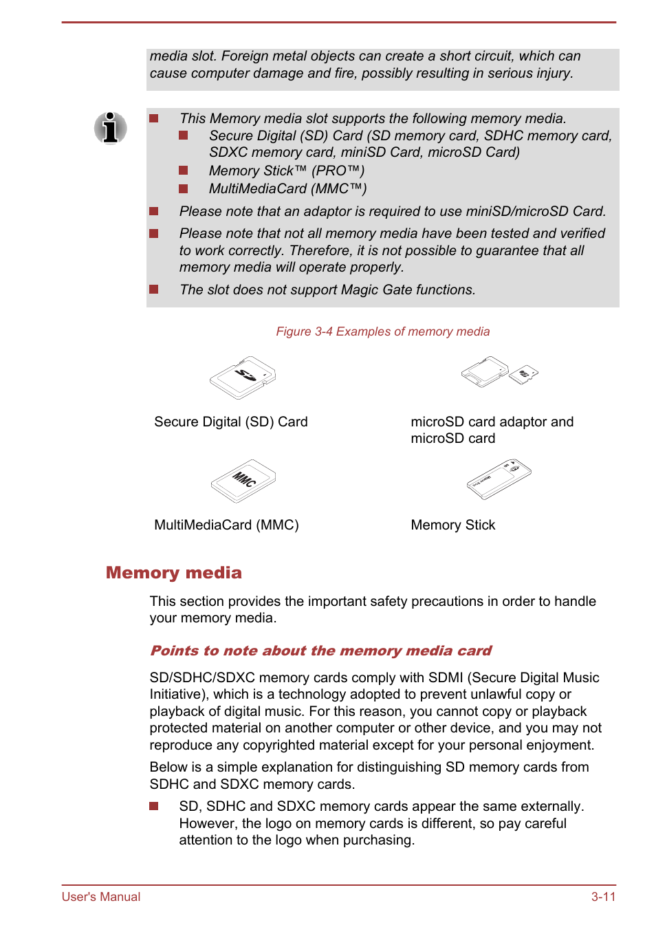 Memory media | Toshiba Satellite U840 User Manual | Page 47 / 115