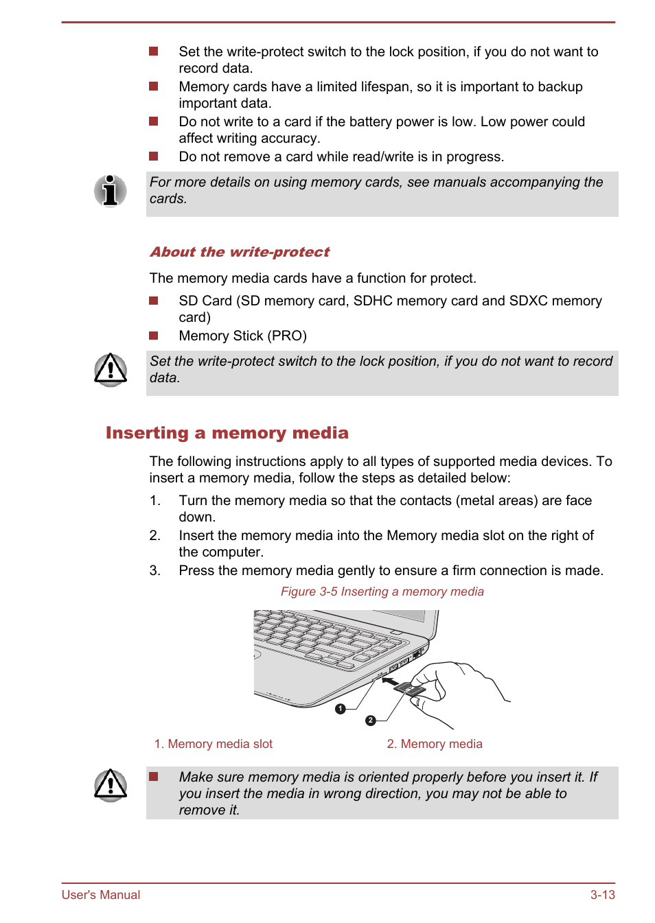 Inserting a memory media | Toshiba Satellite U840 User Manual | Page 49 / 115