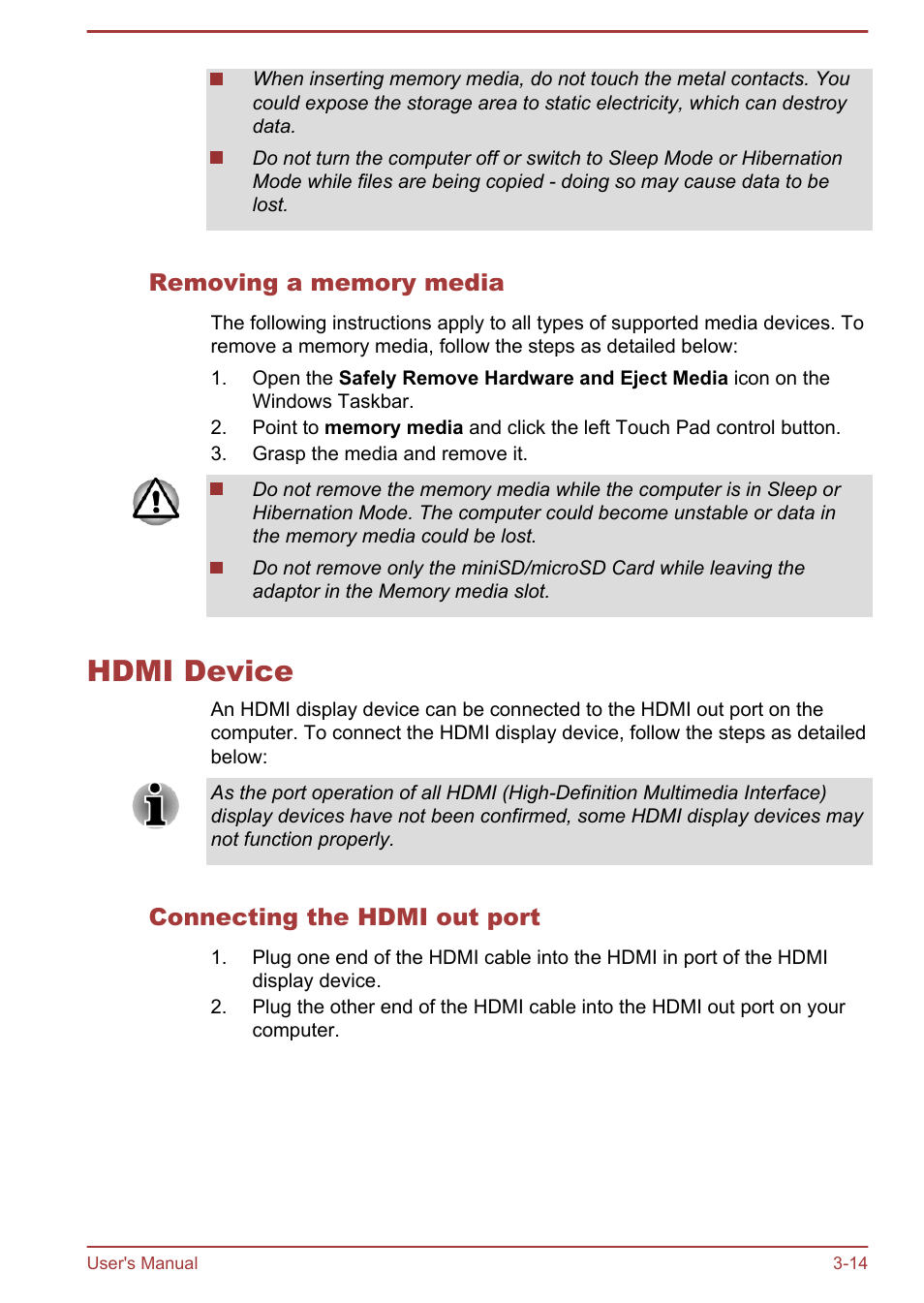 Removing a memory media, Hdmi device, Connecting the hdmi out port | Hdmi device -14 | Toshiba Satellite U840 User Manual | Page 50 / 115