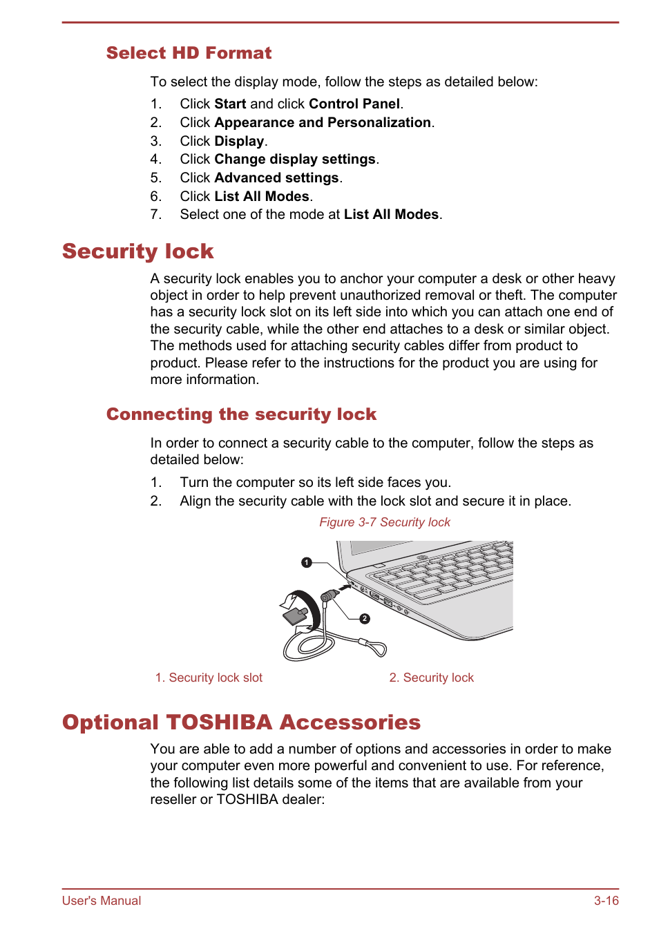 Select hd format, Security lock, Connecting the security lock | Optional toshiba accessories, Security lock -16 optional toshiba accessories -16 | Toshiba Satellite U840 User Manual | Page 52 / 115