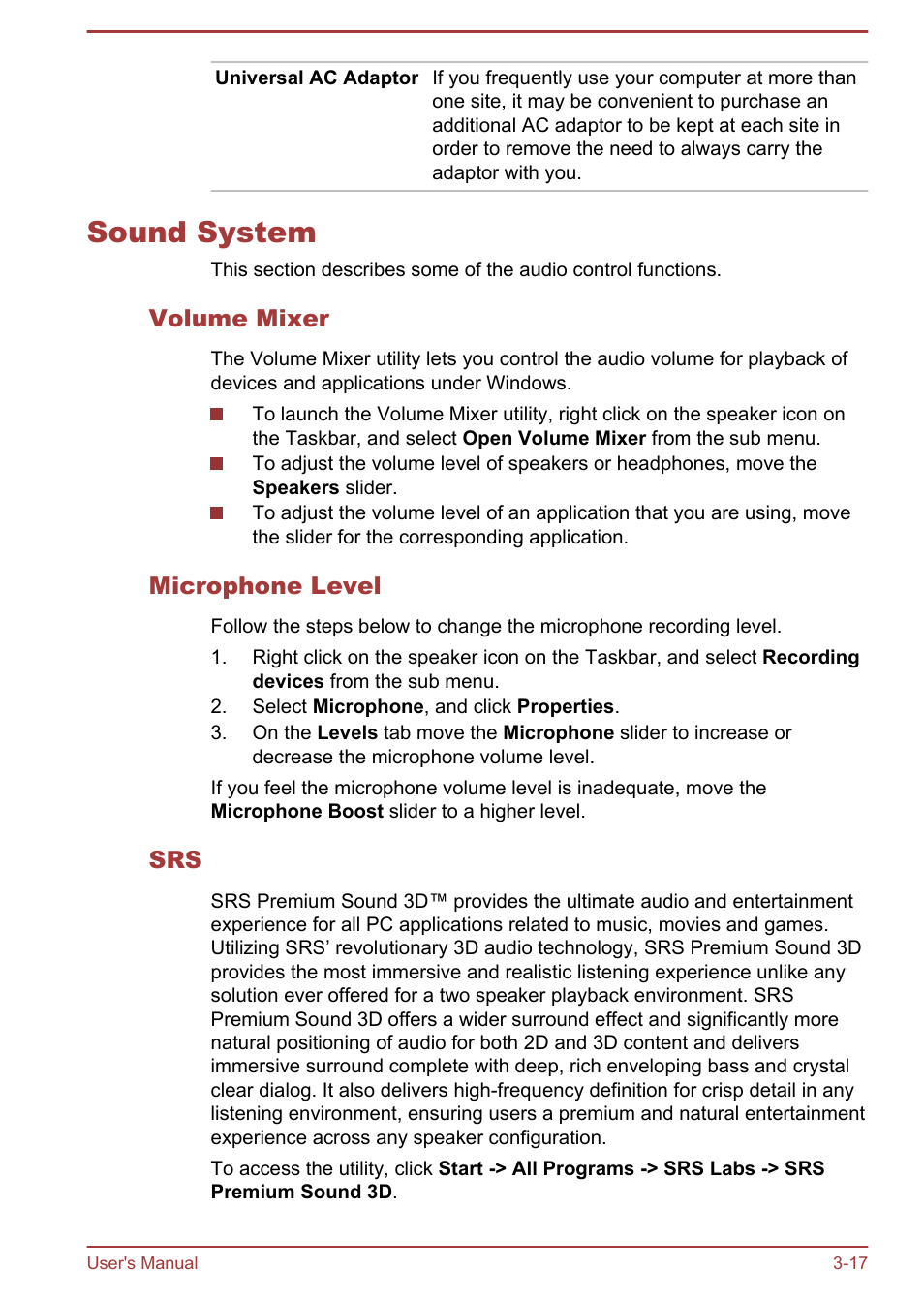 Sound system, Volume mixer, Microphone level | Sound system -17 | Toshiba Satellite U840 User Manual | Page 53 / 115