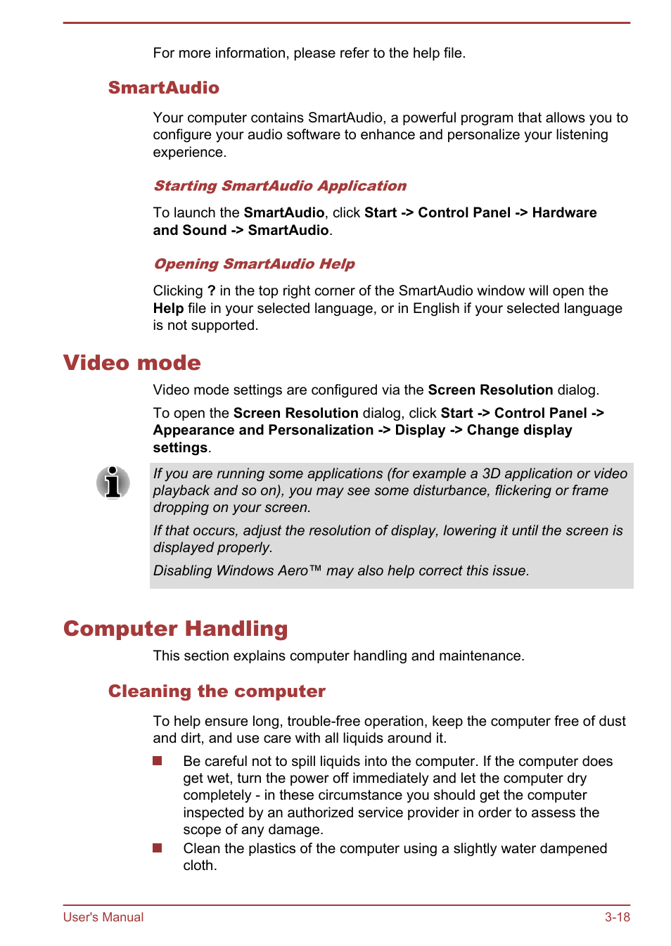 Smartaudio, Video mode, Computer handling | Cleaning the computer, Video mode -18 computer handling -18 | Toshiba Satellite U840 User Manual | Page 54 / 115